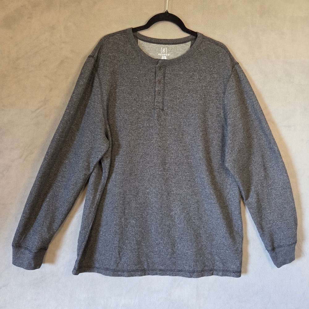 George Henley Waffle Knit Shirt Men XL Gray Thermal Casual Basic Layering